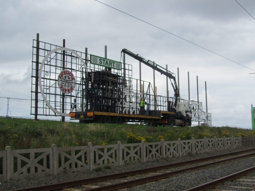 Building a tableau at the seafront near the Blackpool tramway